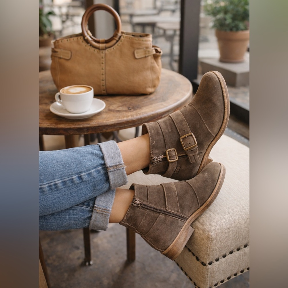 Born Brown Taupe Suede Ankle Boots with Brass Buckle Detail Woman’s Size 8